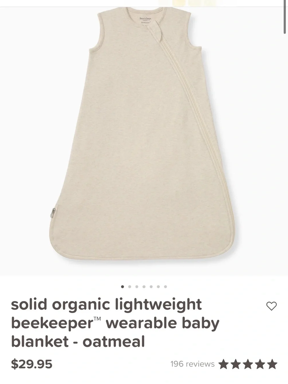 Burts Bees Oatmeal Organic Wearable Baby Blanket-NWOT- Small